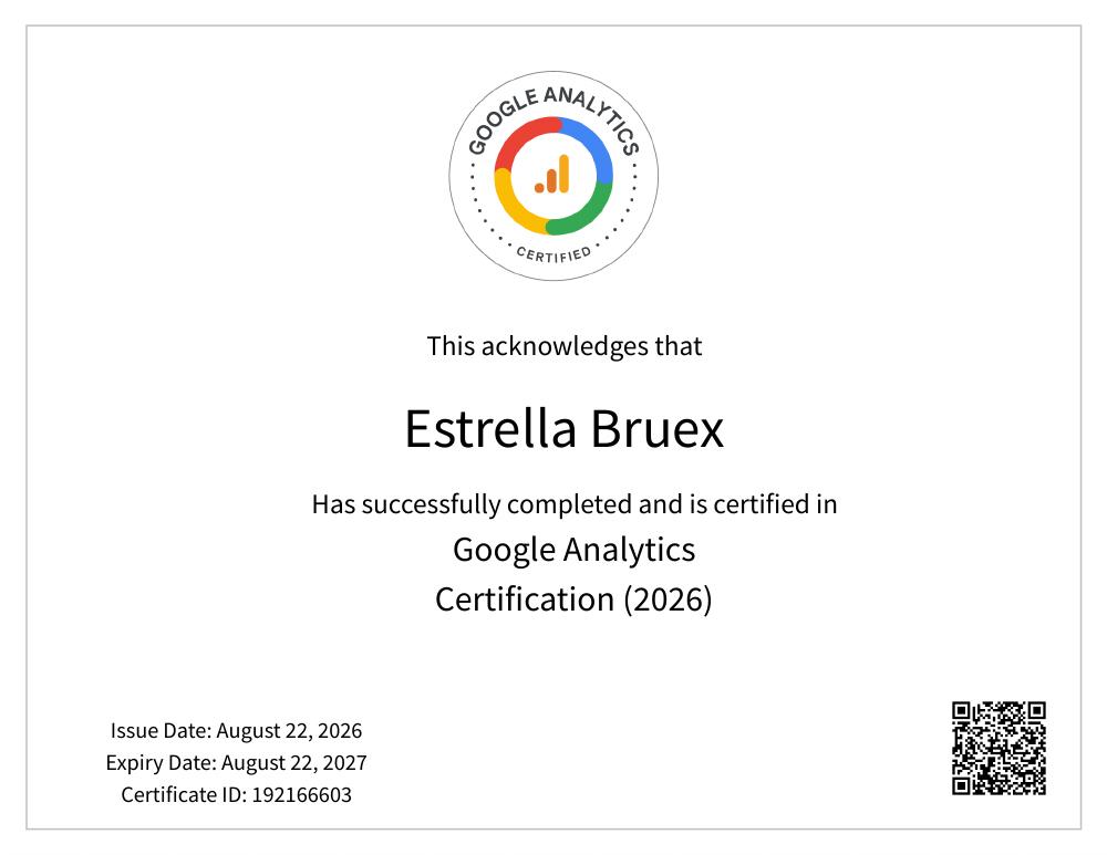 Google Analytics Certification — Estrella Bruex original certificate